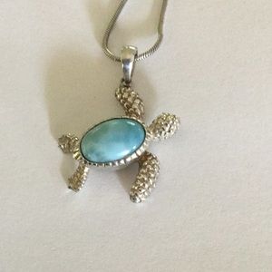 Larimar stone sterling silver sea turtle pendant